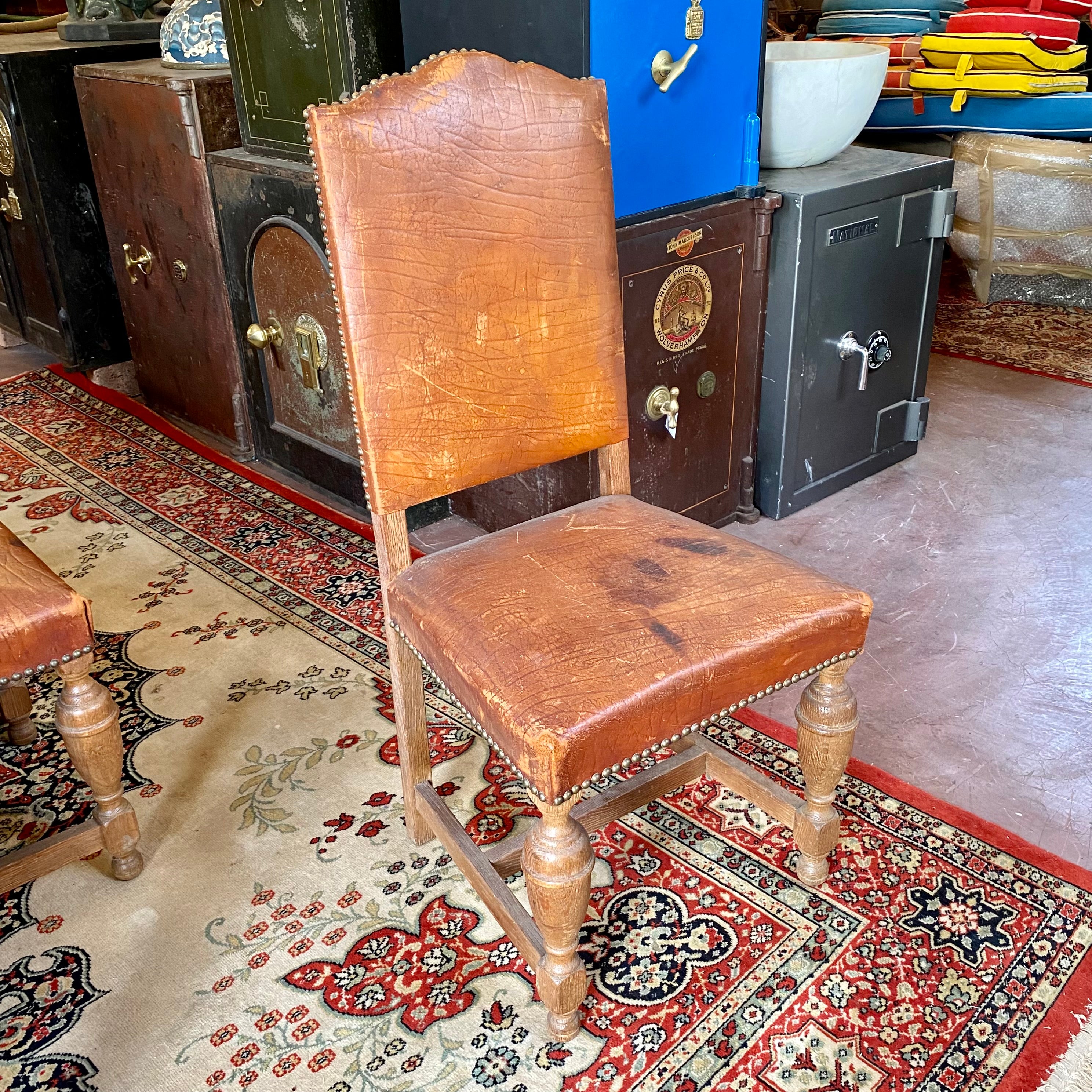 Set of Eight Antique Oak & Leather Dining Chairs