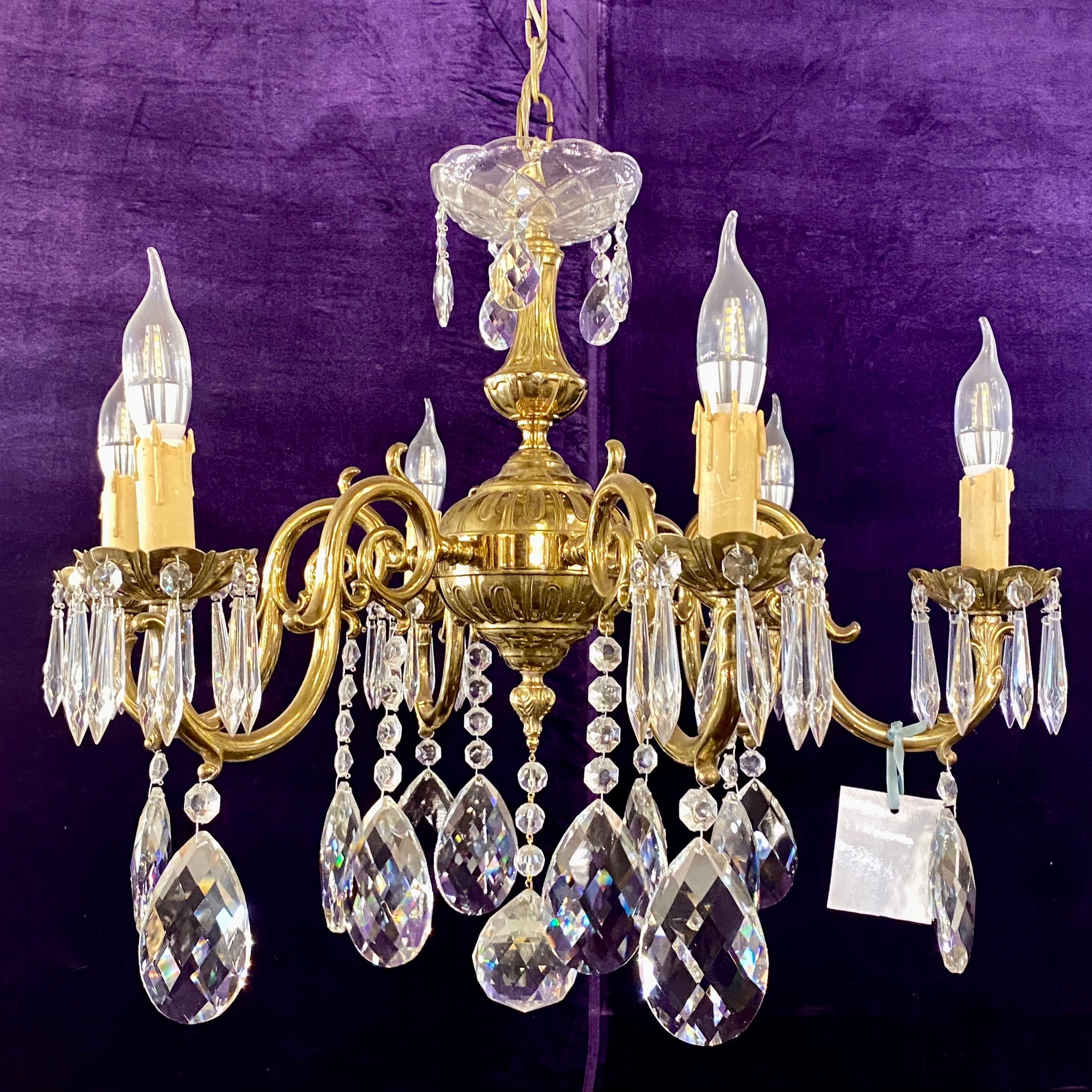 Antique French Brass Chandelier with Tear Drop Crystal