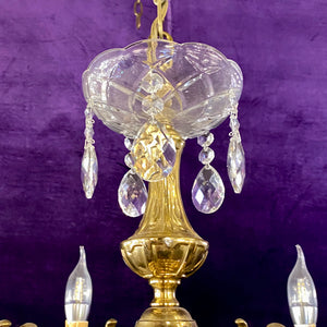 Antique French Brass Chandelier with Tear Drop Crystal