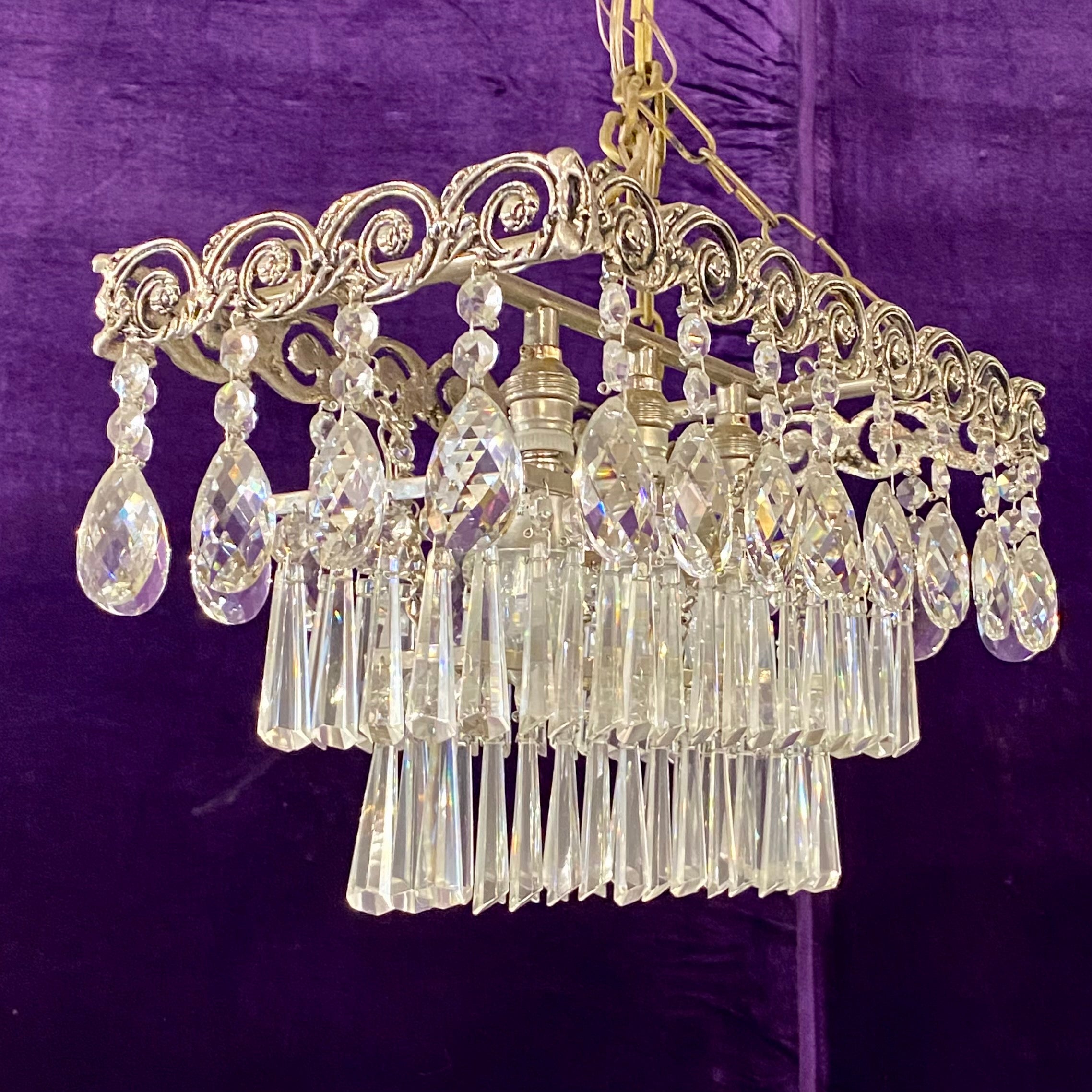 Rectangular Aged Nickel & Crystal Waterfall Chandelier