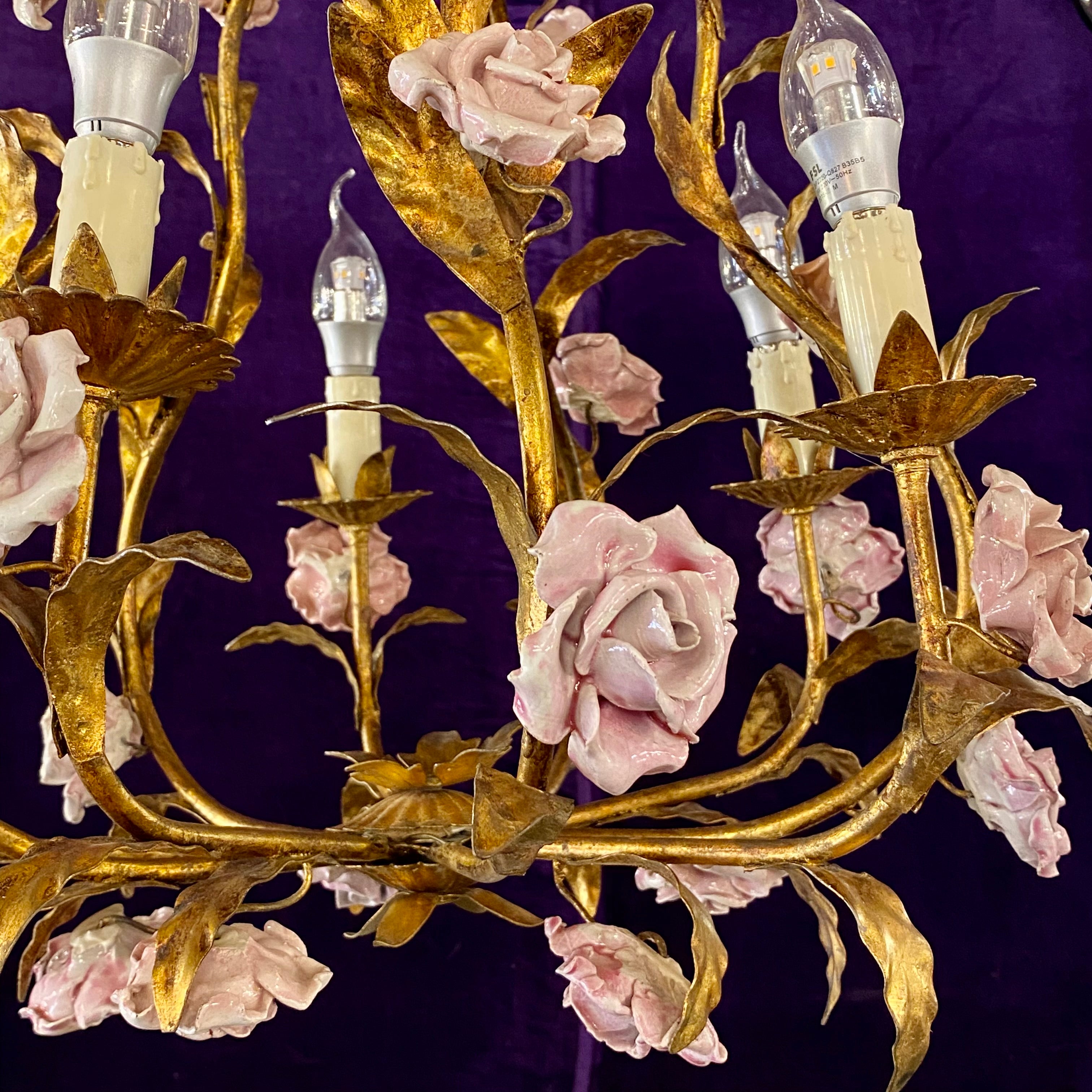 Vintage Italian Gilt Metal Chandelier with Pretty Ceramic Flowers