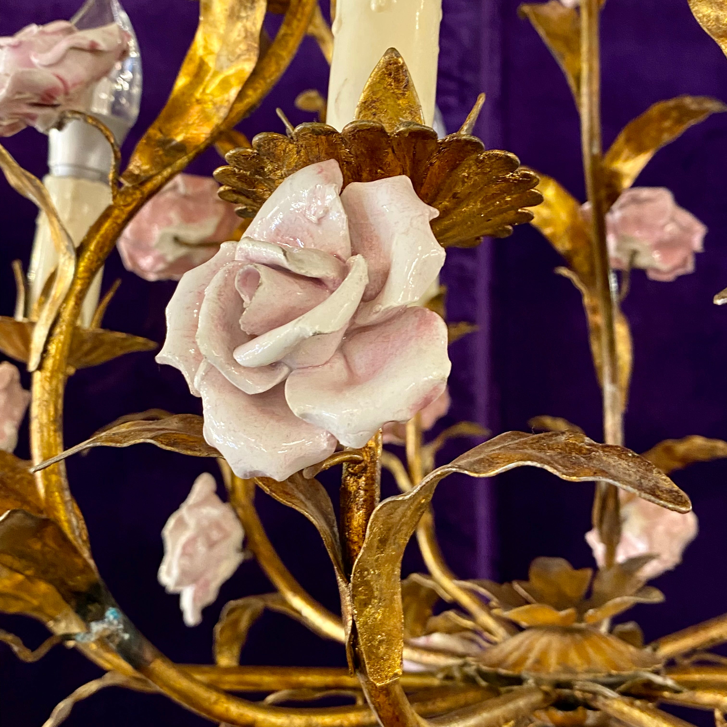 Vintage Italian Gilt Metal Chandelier with Pretty Ceramic Flowers