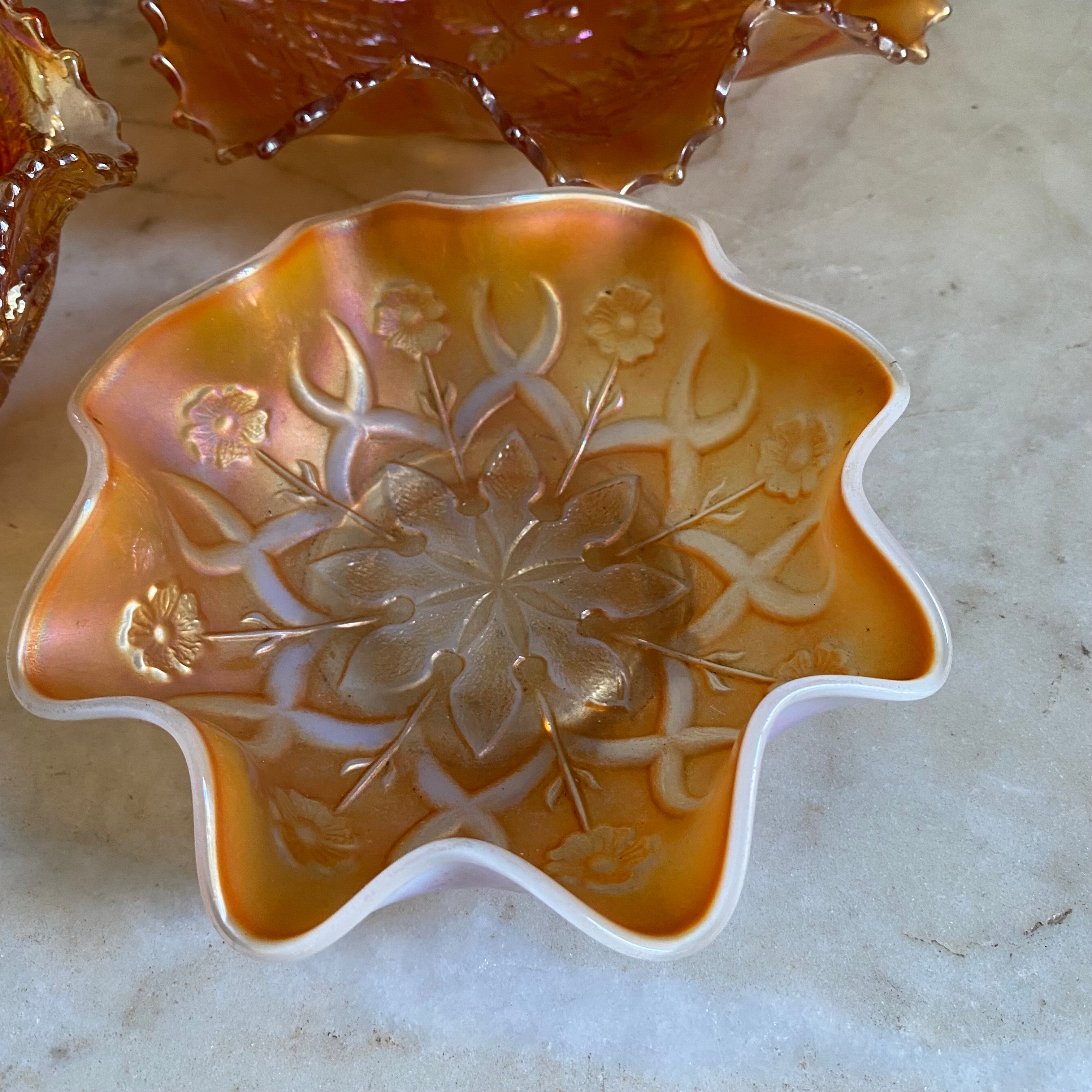 Set of Orange Carnival Glass Dishes