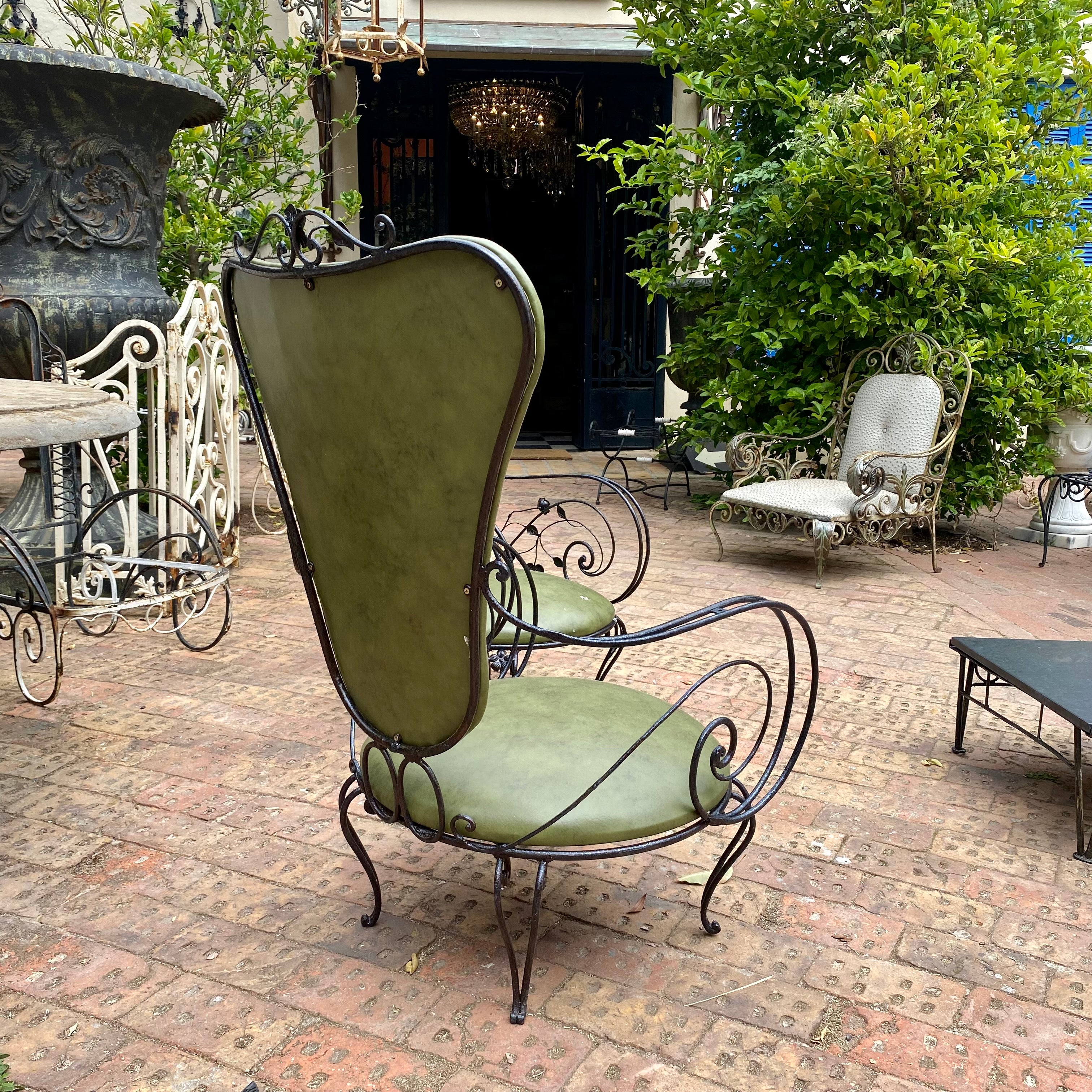 Wrought Iron Armchairs with Olive Green Upholstery