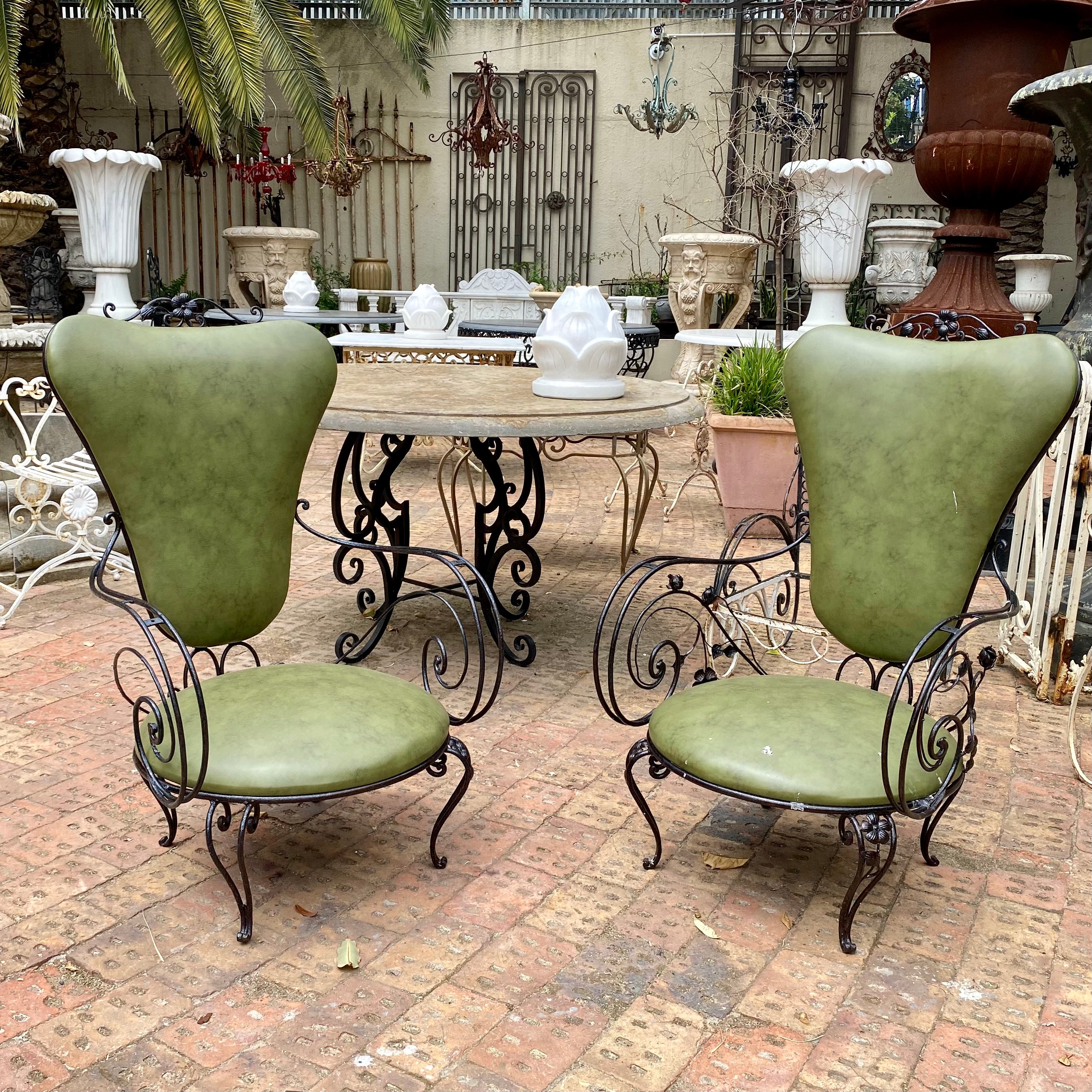 Wrought Iron Armchairs with Olive Green Upholstery