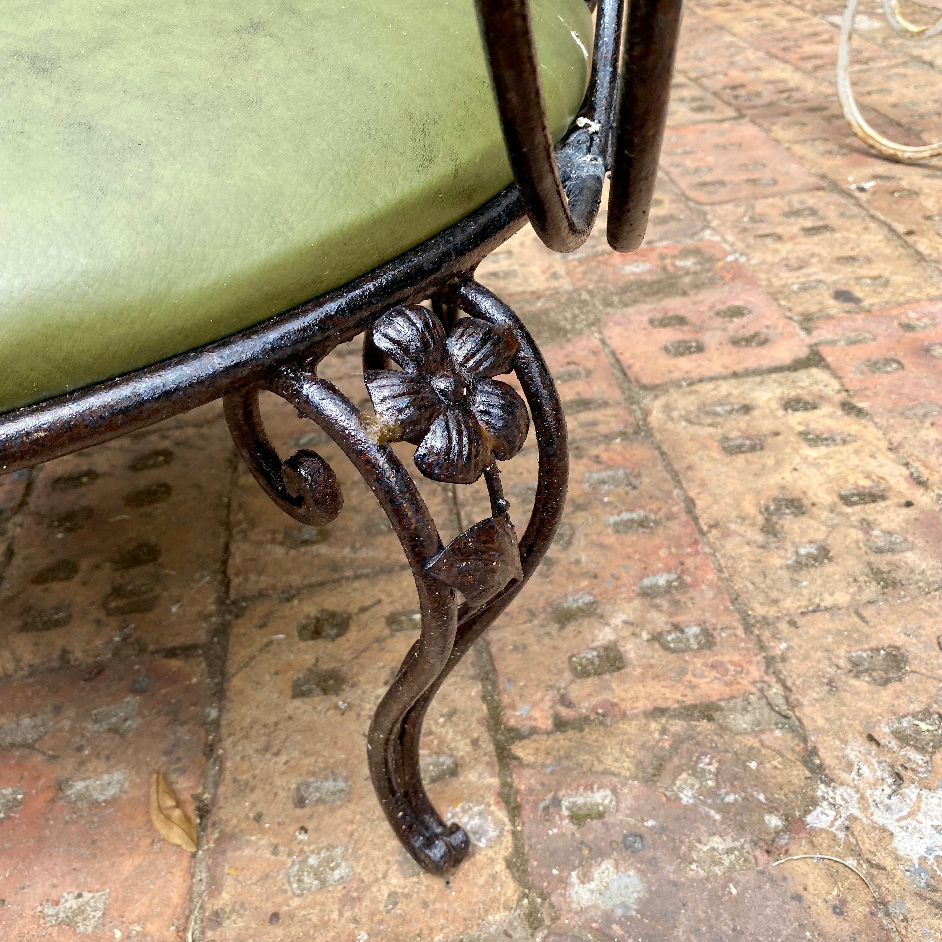 Wrought Iron Armchairs with Olive Green Upholstery