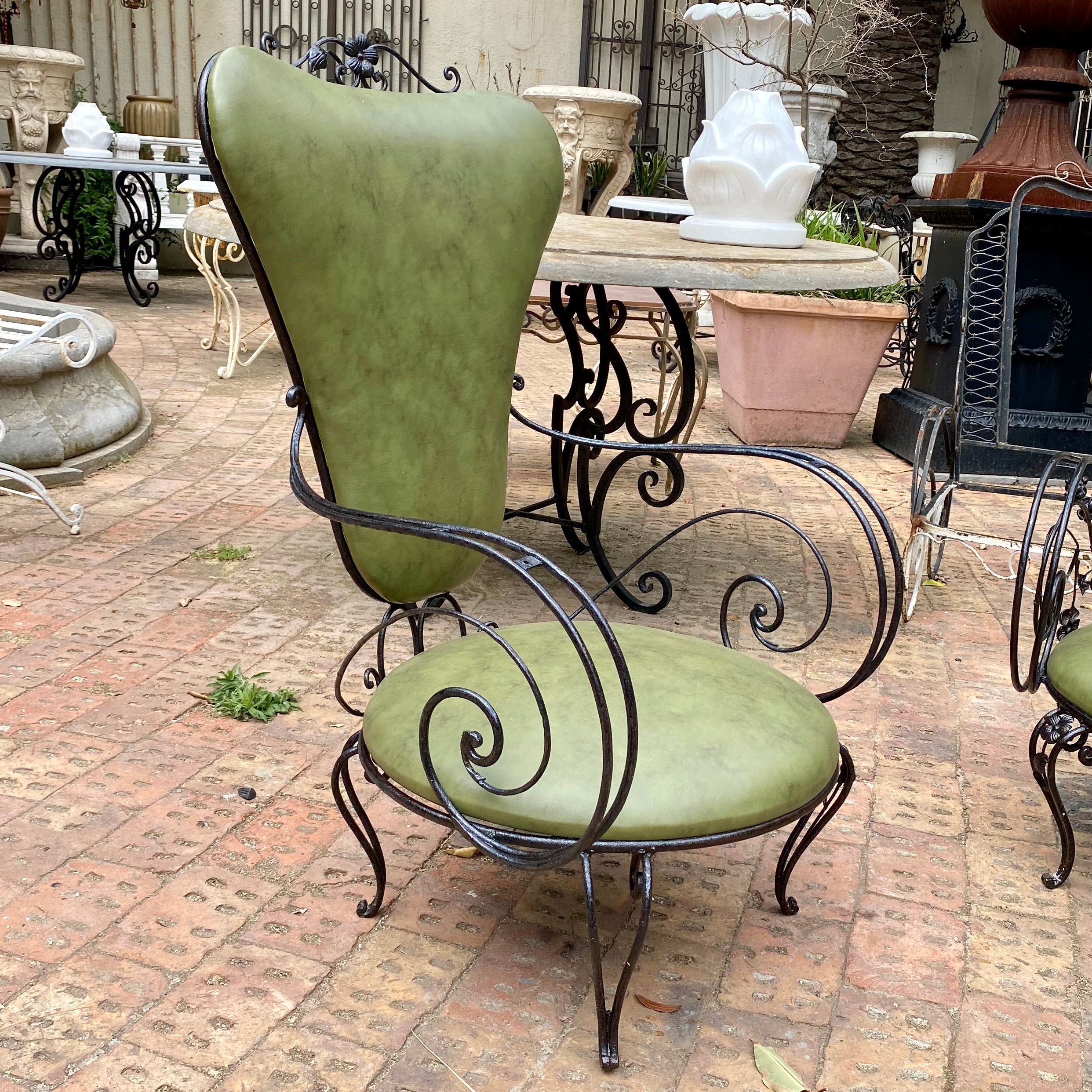 Wrought Iron Armchairs with Olive Green Upholstery