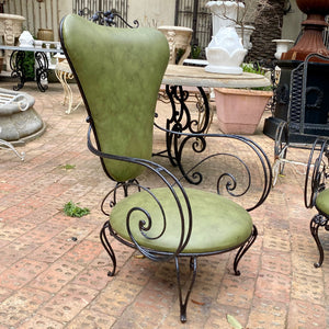 Wrought Iron Armchairs with Olive Green Upholstery