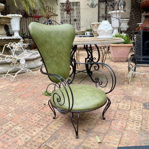 Wrought Iron Armchairs with Olive Green Upholstery