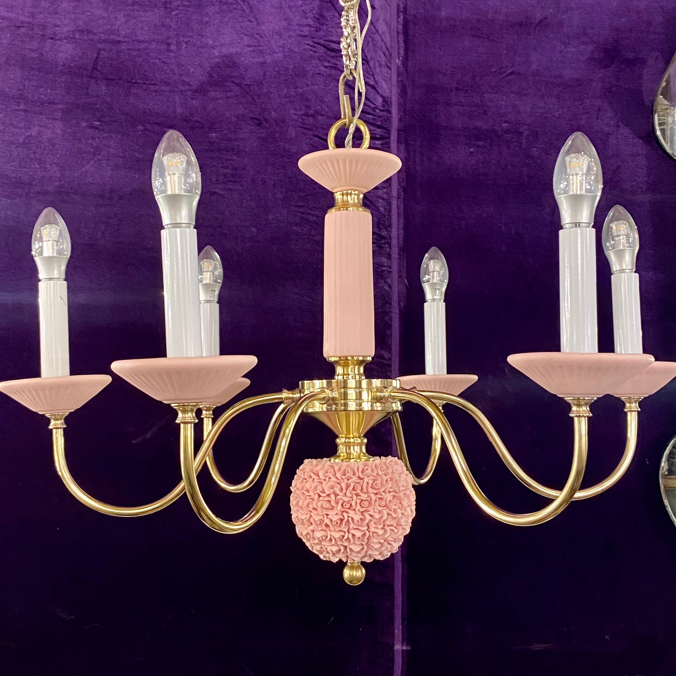 Unusual and Pretty Ceramic and Brass Chandelier