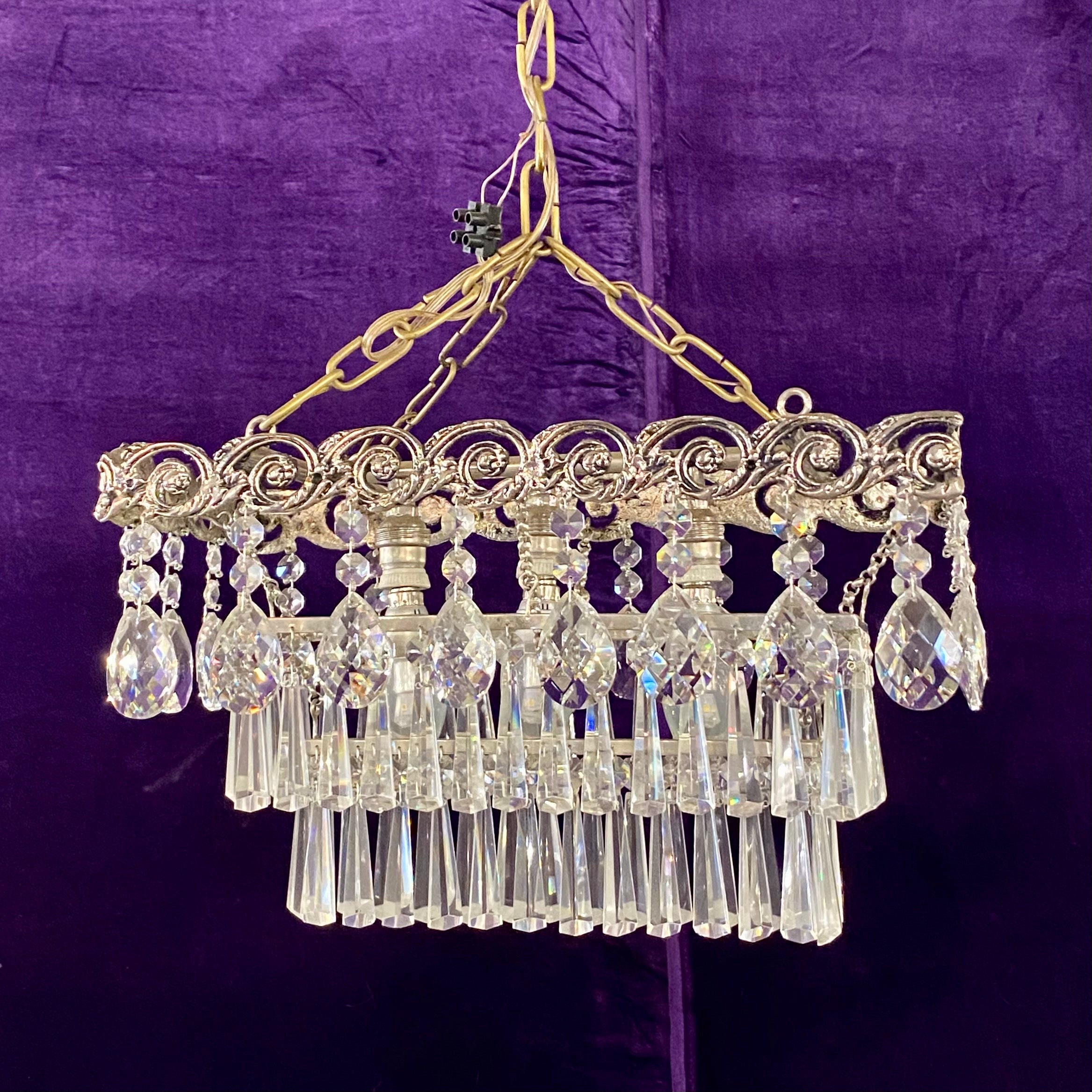 Rectangular Aged Nickel & Crystal Waterfall Chandelier