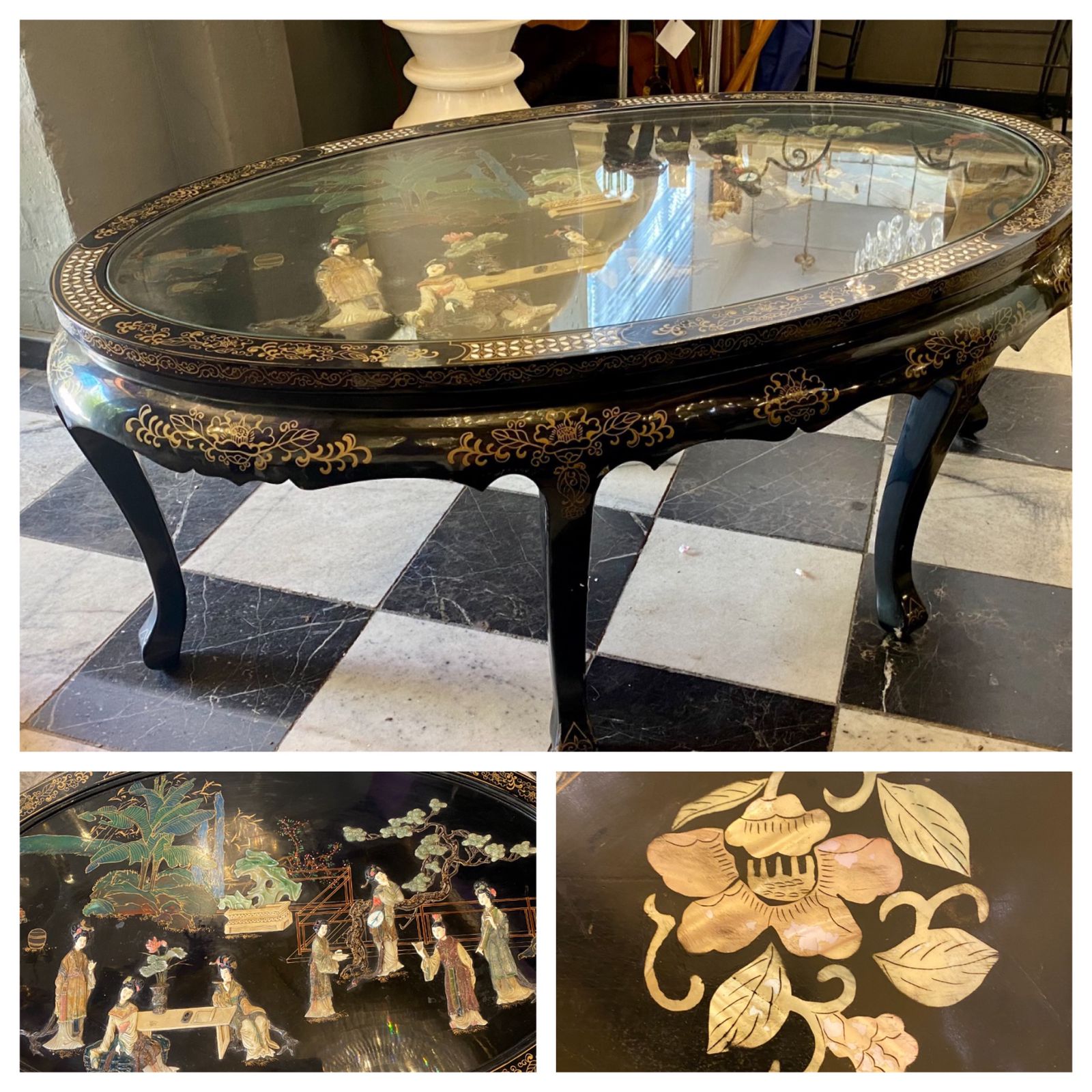 Japanese Hand Painted Coffee Table with Mother of Pearl Inlay