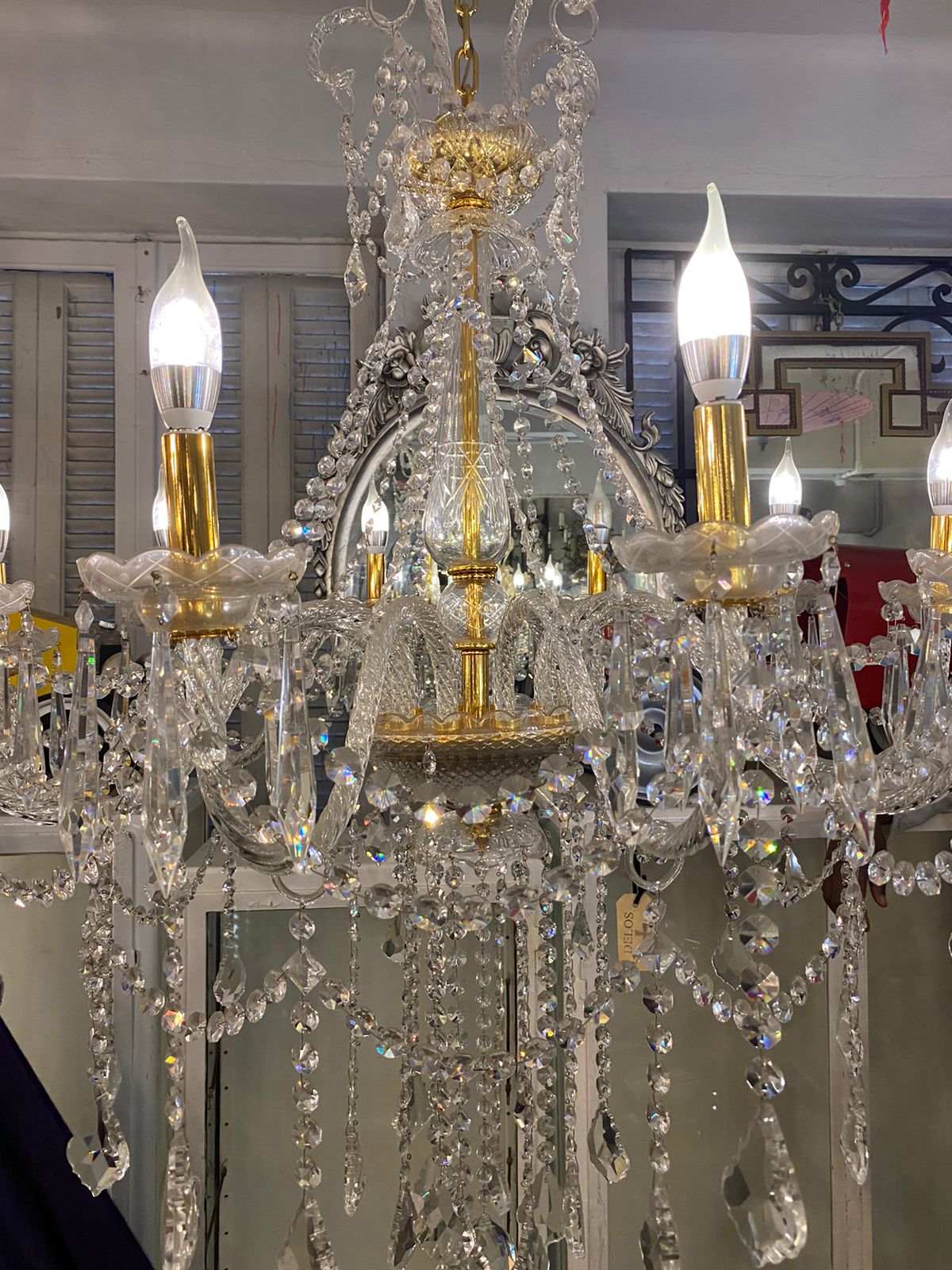 Beautiful Polished Brass & Glass Chandelier with Crystal Drops - SOLD