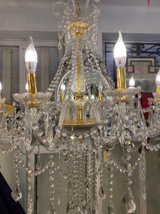 Beautiful Polished Brass & Glass Chandelier with Crystal Drops - SOLD