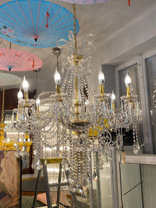 Beautiful Polished Brass & Glass Chandelier with Crystal Drops - SOLD