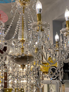 Beautiful Polished Brass & Glass Chandelier with Crystal Drops - SOLD