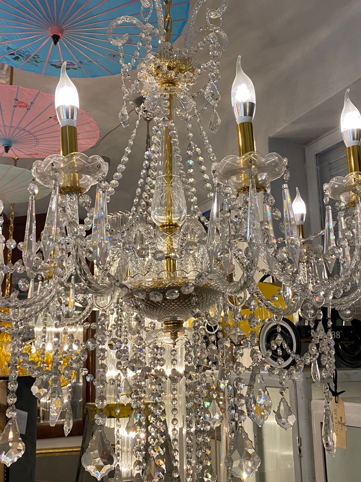 Beautiful Polished Brass & Glass Chandelier with Crystal Drops - SOLD